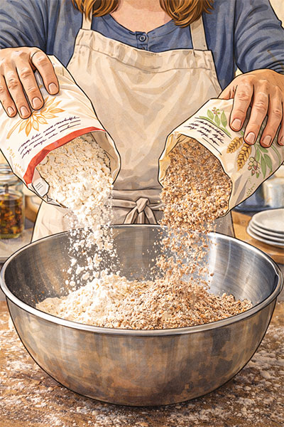 mixa fullkornsmjöl och vetemjöl för en balanserad och smidig pizzadeg