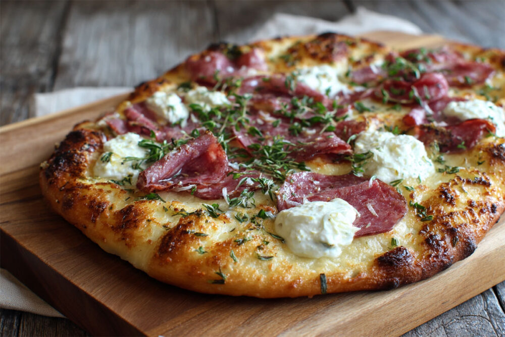 Pinsa med salami, ricotta och färsta örter