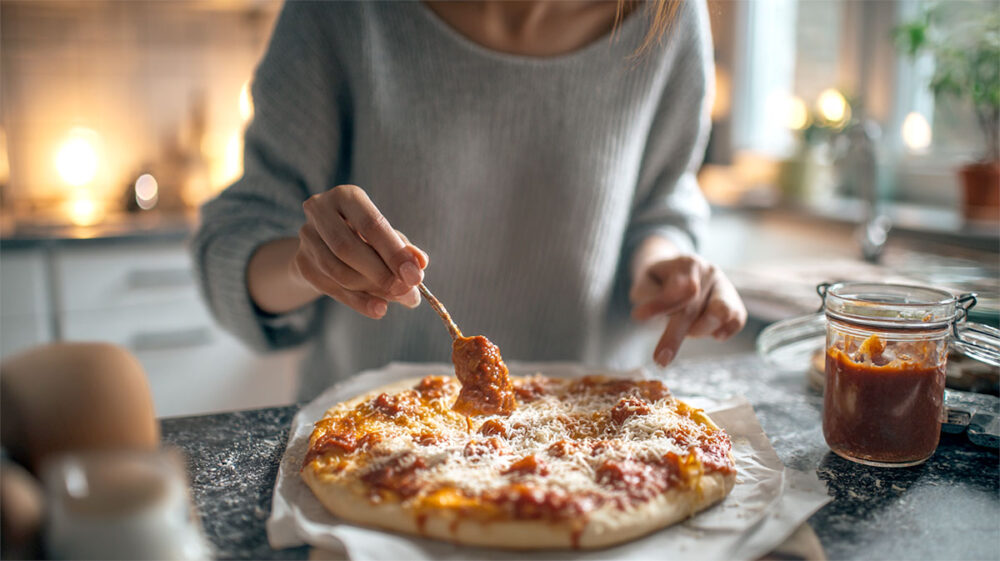 Lägg på extra saker på en fryst pizza