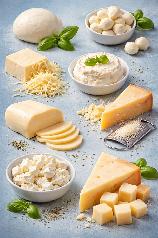 Pizzaostar, parmesan, mozzarella, riven ost, provolone, ricotta, fetaost